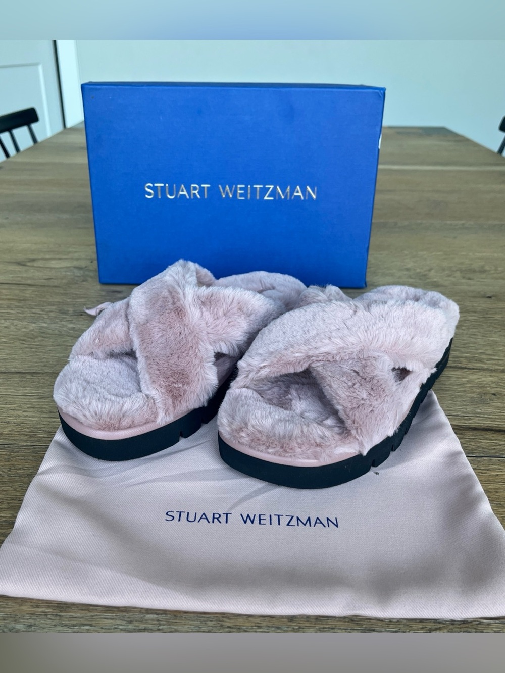 Size 6.5W 37 EU Stuart Weitzman Roza Lift Slide Chill Faux Fur Platform Sandals
